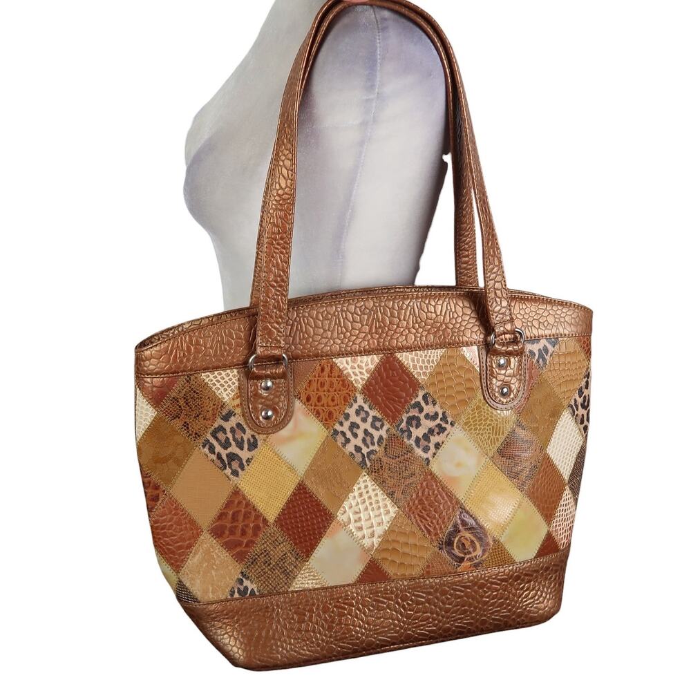 Vintage Y2K Tan Brown Patchwork Faux Leather Tote Shoulder Bag Purse